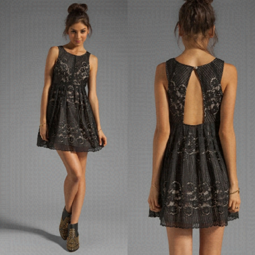 Free People Black Lace Rocco Lace Open Back Dress Size 0 Revolve Flirty Boho